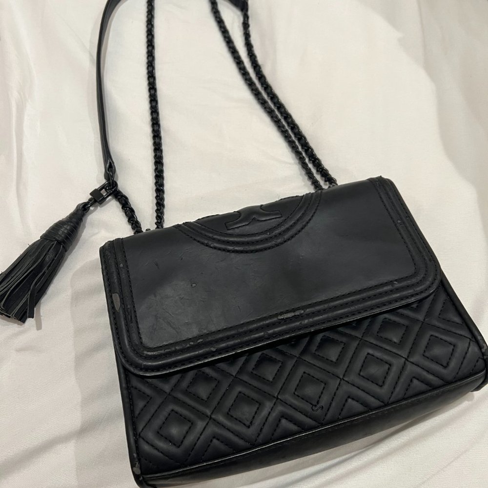 Used Small Fleming TORY BURCH Bag, Matte Black (GOOD FOR REFURBISHMENT)
